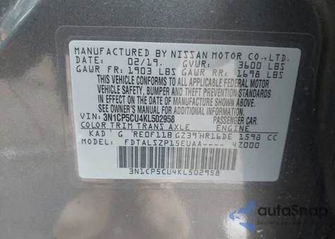 2019 Nissan Kicks Sv из США, поврежденный, VIN 3N1CP5CU4KL502958